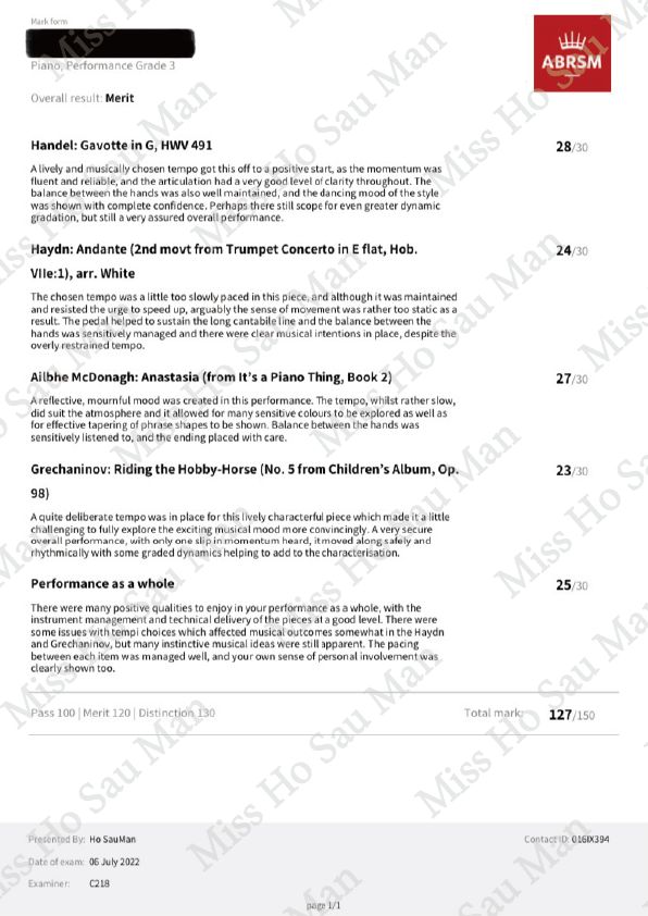 英國皇家音樂學院 鋼琴3級 優良